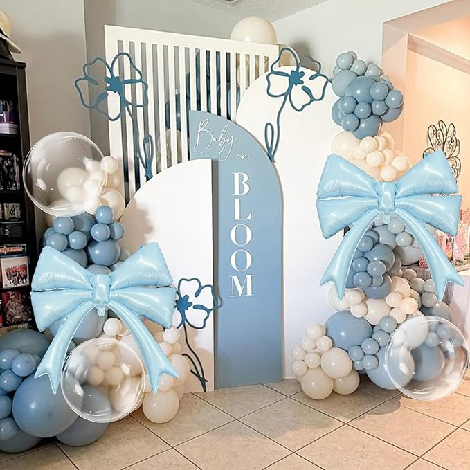 Dusty Blue Balloon Garland Arch Kit, 107PCS Dusty Fog Blue and White Balloons with Bow Balloon Decor for Coquette Birthday Baby Bridal Shower Wedding Party Decorations