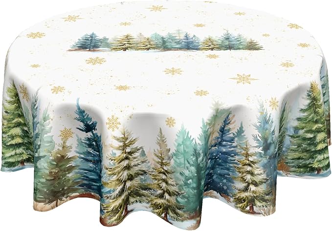 Winter Round Tablecloth 60 Inch Christmas Tree and Snowflake Pattern White Green Table Cloth Circle Xmas Holiday Table Cover Washable Polyester Decor for Home Kitchen Dinning Party