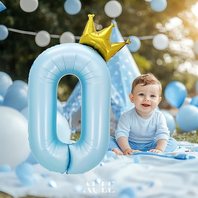 AULE 40 Inch Big Light Blue 0 Balloon Number with Crown Large Foil Helium Number Balloons 0-9 Jumbo Giant Happy Birthday Party Decorations Huge Mylar Anniversary Party Supplies
