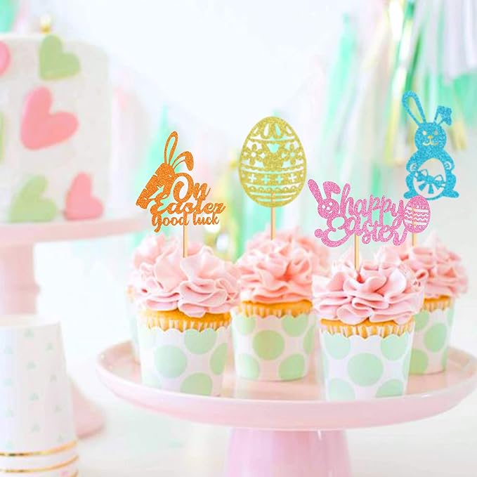 Ercadio 24Pcs Happy Easter Cupcake Toppers Glitter Bunny Easter Eggs On Easter Good Luck Cupcake Picks for Happy Easter Cupcake Decors Easter Baby Shower Birthday Wedding Party Supplies