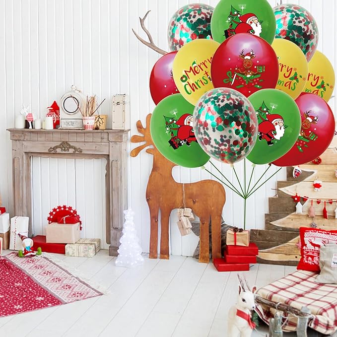 Christmas latex Balloons Merry Christmas Reindeer Santa Claus Red Green Confetti Balloons for Xmas New Year Theme Birthday Party Supplies 12Pcs