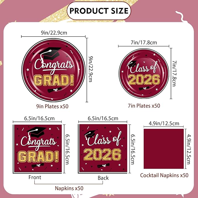 OuMuaMua Class of 2026 Graduation Party Decorations - 200 Pcs Maroon Graduation Plates and Napkins Disposable Dinnerware Set for 2026 College High School Grad Party Decorations, Serve 50