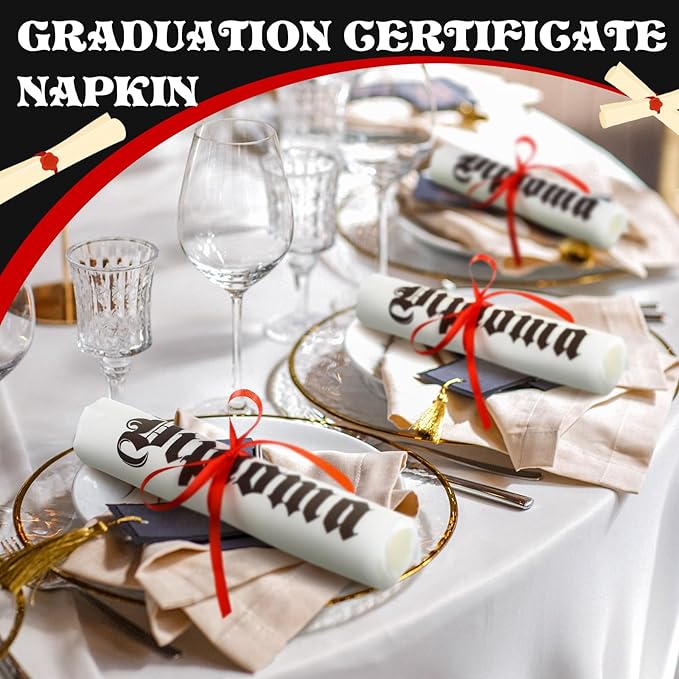 100 Set Graduation Diploma Guest Napkins Red Black and White Rolled Silverware Disposable Grad Award Dinner Napkin with Ribbon and Scissors for Celebration (diploma, Red, 100 Pcs)