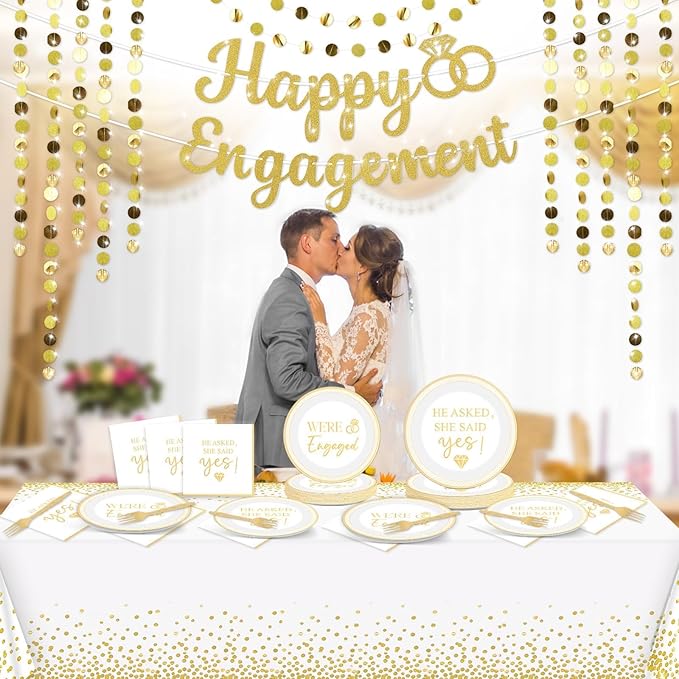 100PCS Engagement Party Decorations She Said Yes Paper Plates Napkins Wedding Tablecloth Glitter Happy Engagement Banner Golden Streamers Garland for Bachelorette Bridal Shower Supplies for 24 Guests
