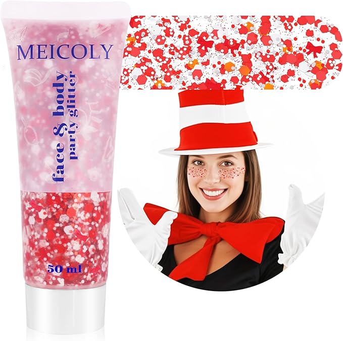 MEICOLY Red Face Glitter,Red and White Body Glitter for Reading Week World Book Day,Self-Adhesive Glitter for Kids Girls Adults,Book Character Costumes Cosplay Accessories for Halloween Festival