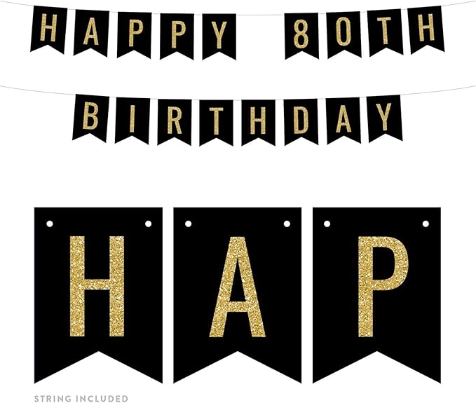 Andaz Press Faux Gold Glitter on Black Birthday Party Banner Decorations, Happy 80th Birthday, Approx 5-Feet, 1-Set, Milestone Colored Hanging Pennant Decor