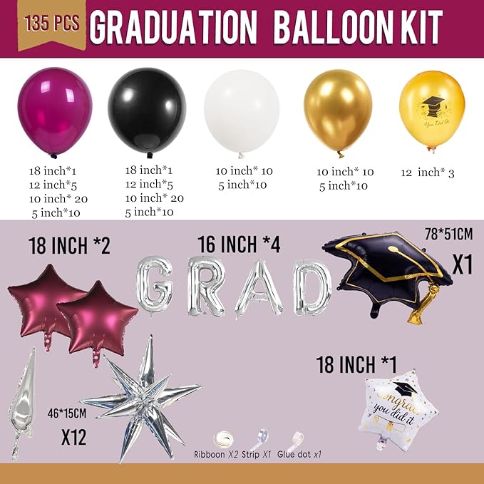 Maroon Black white Silver Graduation Balloon Garland Arch Kit with Graduation Star print Certificate Letter Mylar Foil Balloons for Graduate Class of 2026 Grad Prom party Decorations Supplies