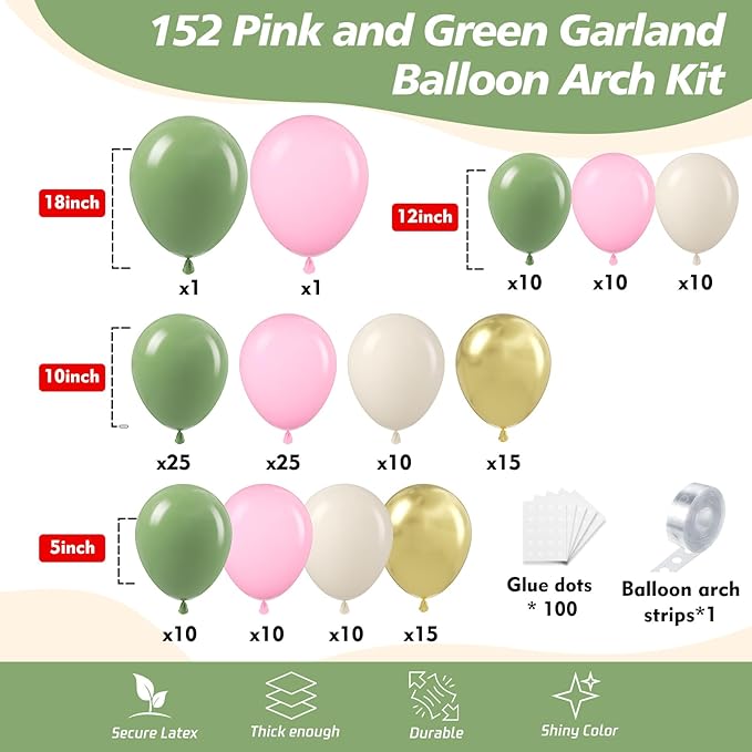 152Pcs Pink and Green Balloon Garland Arch Kit - Sage Green and Pink White Sand Gold Different Size Balloons for Girl Baby Shower Wedding Birthday Jungle Safari Woodland Party Decorations