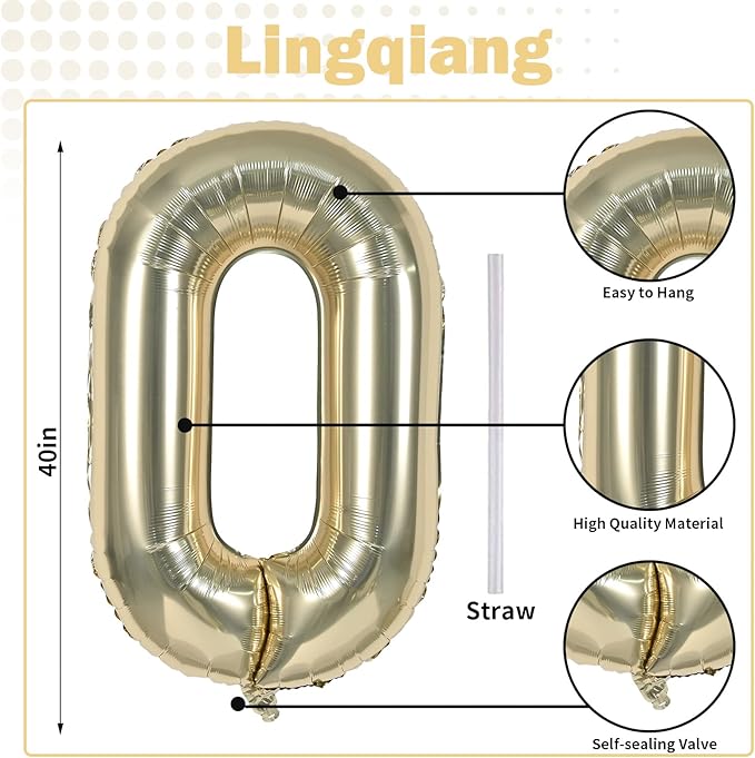 60th Birthday Balloons Champagne Gold for Women, 40 Inch Giant Foil Number 60 Balloons Self Inflating, Light Gold Digit 6 & 0 Helium Balloons for Men 60th Anniversary Party Decorations Supplies