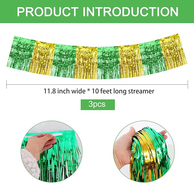 BEISHIDA 3 Packs Metallic Foil Fringe Garland Green Gold Wall Hanging Tinsel Fringe Banners for Car Floats Bridal Shower Wedding Birthday Graduation Holiday Party Decoration(30 Feet)