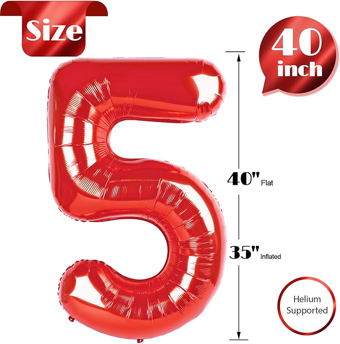 Red 5 Balloon, Number Balloon 40 Inch for Red Party Supplies, 5th Birthday Balloon Decorations, 5 Number Balloons, Number 5 Balloon