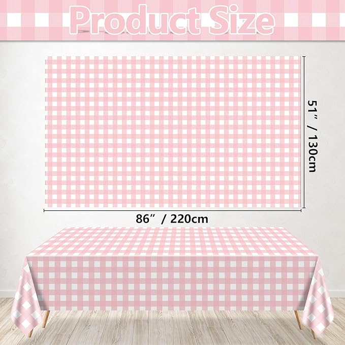 4 Pack Pink Gingham Tablecloths, Pink and White Checkered Tablecloths 86.6 x 51.2 Inches Gingham Table Covers Rectangular Waterproof Picnic Table Covers for Birthday Party Holiday Outdoor Supplies