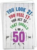 NobleWorks - 50th Funny Milestone Birthday for Men and Women, Celebrate and Congrats Notecard with Envelope - Age Equation 50 Birthday C7195MBG