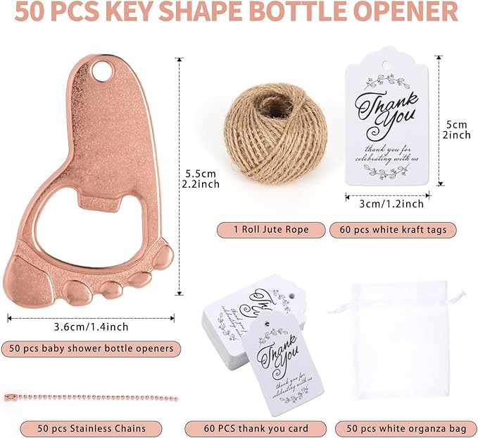50 PCS Footprint Bottle Opener，Baby Shower Favors for Guest Souvenirs Supplies and Decorations with Organza Bags Tags and 1 Roll Jute Rope (Rose gold)
