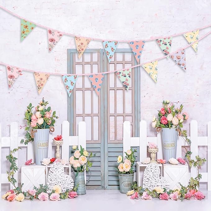 2PCS Floral Paper Garland, 13ft Vintage Wildflower Bunting Triangle Banner for Tea Party Birthday Baby Shower Wedding Garden Party Mother's Day