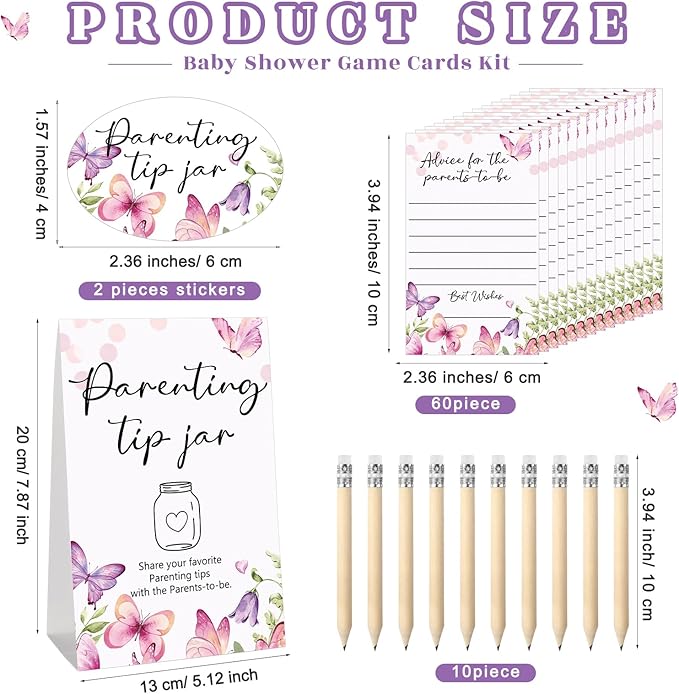Roowest Baby Shower to Baby Advice Cards for New Parents to Be - Tip Jar Sign for New Parents 60 Parenting Advice Cards 10 HB Pencils 2 Cute Stickers 1 Pet Bottle for Guests Games(Butterfly)
