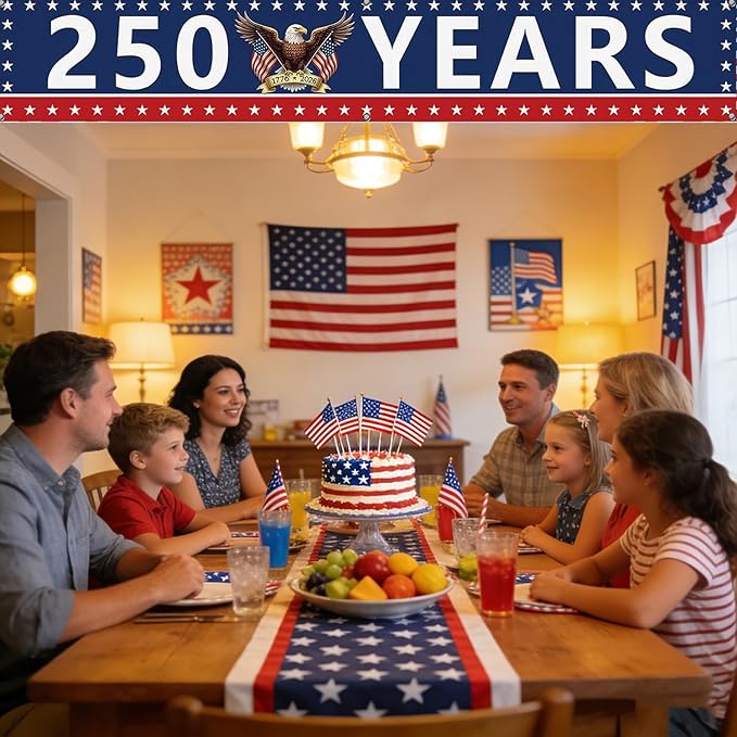 250 Year Anniversary USA Banner Flag 2x10 Ft, 4th of July Decorations 1776-2026 Freedom 250 Years Birthday Patriotic Party Supplies Decorations for Outdoor, Indoor,Garden, Porch (BLUE C)