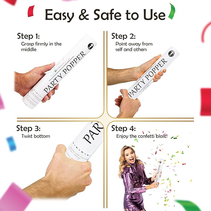 12" Biodegradable Confetti Cannons | 6 Pack Confetti Poppers for Weddings, Birthdays & Parties | Air-Powered Party Poppers Shoot 25 Feet | Safe for Indoor & Outdoor