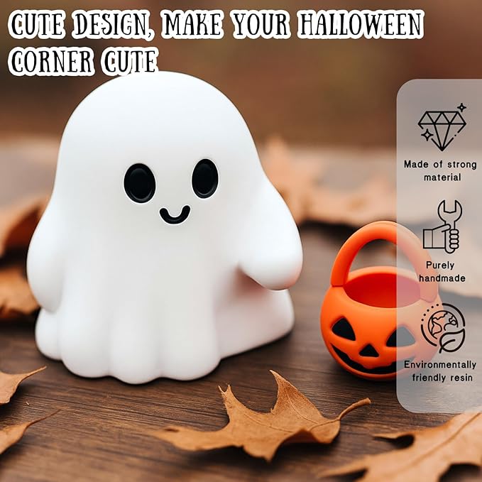 Halloween Ghost Figurine Cartoon Cute Spooky Carrying Pumpkin Basket Cute Halloween Office Desk Decor Display Ornament Tiny Trick or Treat Ghost Resin Statue for Home Supplies