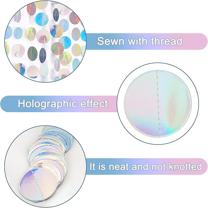 GCQQ 52Ft Iridescent Party Decorations Holographic Circle Garlands Sparkly Iridescent Hanging Streamers Garland for Mermaid Disco Bachelorette Birthday Party Decorations