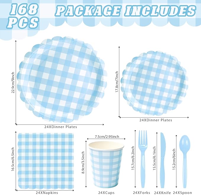 168PCS Party Plates, Blue Scalloped Gingham Paper Plates and Cups and Napkins Sets Party Supplies for Birthday Wedding Bridal Shower Baby Shower Picnic, Serve for 24 Guests, Blue