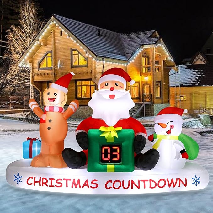 Alupssuc 8 FT Christmas Inflatable Outdoor Decorations with LED Christmas Countdown Clock, Snowman Santa and Gingerbread Man, Lighted Blow Up Lawn Yard Clearance for Indoor Xmas Holiday Party Decor