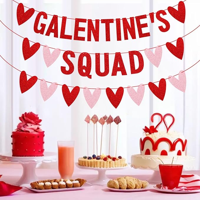 Glitter Galentines Squad Banner with Love Hearts - No DIY - Valentines Day Party Supplies, Women Girl Lady Galentines Day Decorations