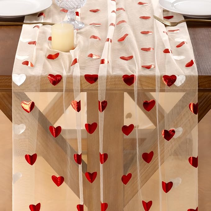 Socomi Valentine's Day Red Heart Table Runner Gauze Sheer Romantic Sequin 10FT Glitter Metallic Foil Dining Wedding Birthday Party Baby Shower Holiday Centerpiece Table Decor Beige