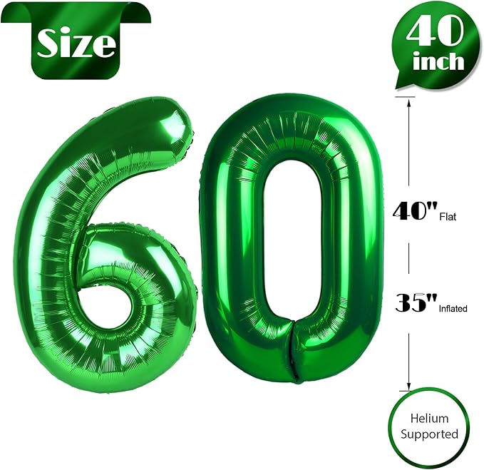 60 Balloon Number, Green Number 60th Birthday Balloons 40 Inch, 60 Years Old Green Birthday Decorations for Men Women, 60th Anniversary Decorations