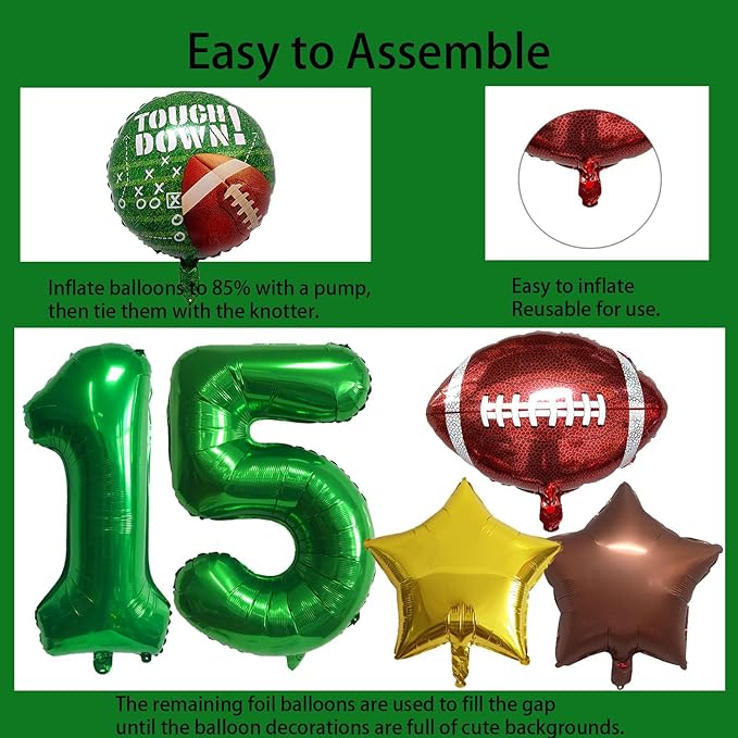 Football Balloons Foil Football Birthday Decorations Balloons Green Number 15 Balloon Gold Brown Star Touchdown Ballons for Rugby Birthday Decorations Sports Ballons Arch Kits Party Balloon Sets 10pcs