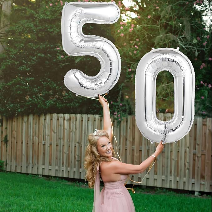 Number Balloons Silver Party Balloon - Giant Number 50 Balloon, 40 Inch Large Balloon for 50th Birthday Decorations, Silver Party Supplies for Anniversary