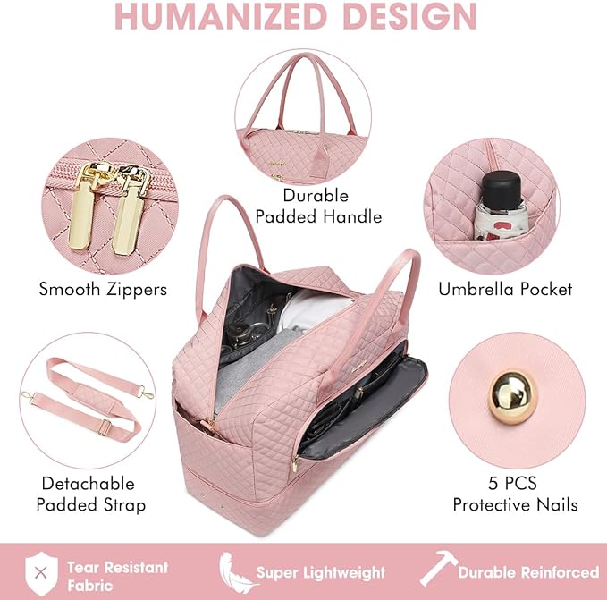 Initial Travel Duffle Bag for Women - Pink Personalized Weekender bags Overnight Bag with Shoe Compartment & Wet Pocket Weekend Tote Bags with Toiletry Bag Monogram Christmas Gifts (Letter L)