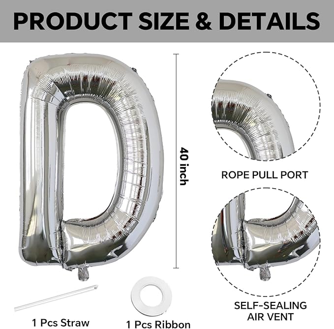 KALOR 40 Inch Silver Letter D Balloons Jumbo Foil Mylar Helium Big Balloons for Birthday Party Anniversary Baby Shower Supplies