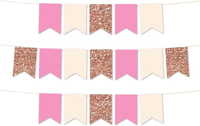 Andaz Press Hanging Pennant Banner with String, Faux Rose Gold Glitter, Ivory, Pink, 1-Set, 24 Pennants, Approx. 12-Feet Long, Girl's 1st Birthday Baptism Communion Theme Colored Supplies