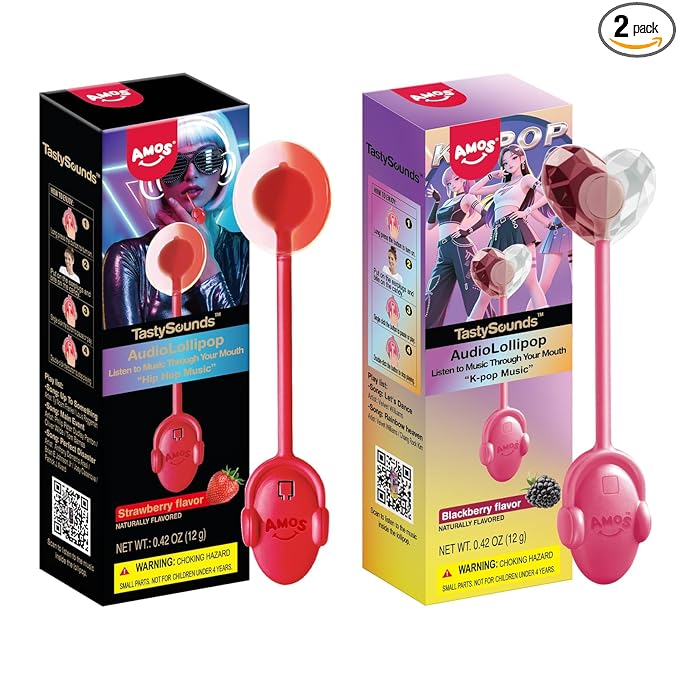 AMOS TastySounds Audio Lollipop 2-Pack Combo - Strawberry & Blacberry Flavors, Bone Conduction Music Candy with Earbud Design