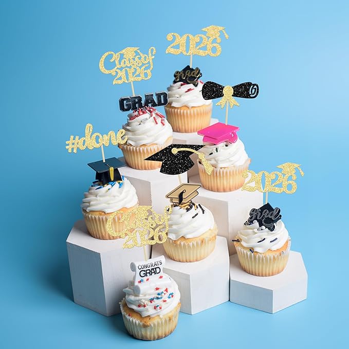 Gyufise 30Pcs 2026 Graduation Cupcake Toppers Gold and Black Glitter Class of 2026 Cake Graduation Done Cupcake Picks Grad Cap Diploma Cake Decorations for 2026 Graduation Theme Party Cake