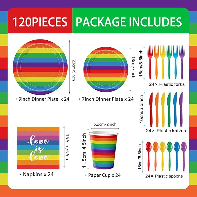 168Pcs Pride Paper Plate and Napkins Rainbow Party Supplies Disposable Tableware Set for Colorful Stripes Party Decorations Serve 24 Guests