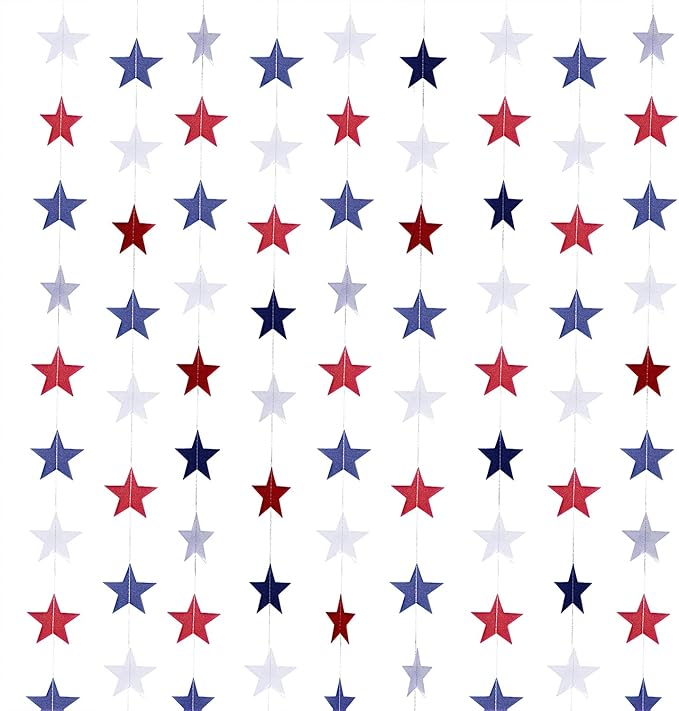 XIANMU 8 Strands Star Streamers Paper Garland Patriotic Decorations Red White Blue Hanging Stars Banner for 4th of July Memorial Day Independence Day Veterans Day Party Decor