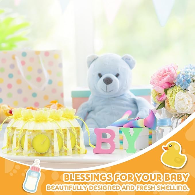 50 Sets Baby Shower Party Favors Including 50 Pcs Unscented Tealight Baby Shower Candles Gift Bags Cards for Gender Reveal Party Supplies(Yellow)