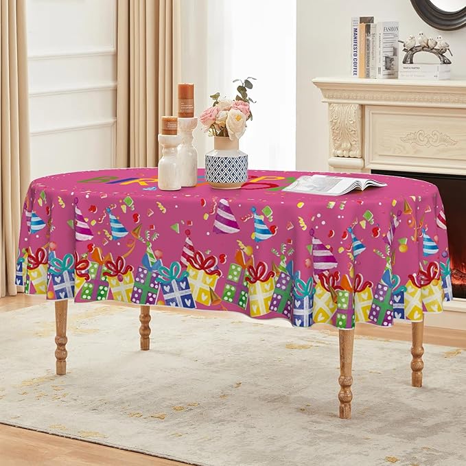 Horaldaily Birthday Tablecloth 60x84 Inch Oval, Happy Birthday Ballon Pink Washable Seasonal Table Cover for Party Picnic Dinner Decor