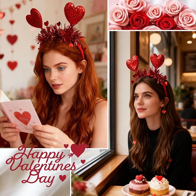 Valentines Headband with Sequin Heart Designs Red Heart Headbands Shiny Red Tassel Head Bopper Romantic Valentines Hair Accessories for Valentines Lover Party Hair Accessory Supplies 1pcs