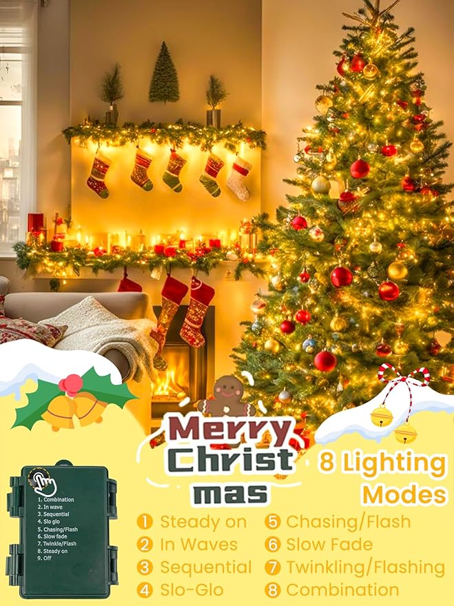 4 Pack Battery Operated Christmas Lights with Timer, 132FT 400 LED Waterproof Battery Twinkle Light, 8 Modes Green Wire Fairy Light for Indoor & Outdoor Bedroom Tree Christmas Decorations (Warm White)