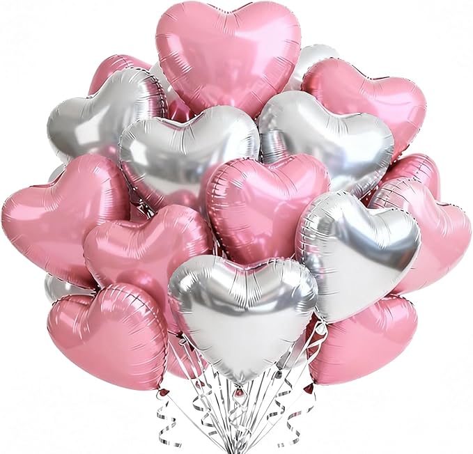 TONIFUL 30Pcs 18 Inch Silver Pink Balloons Heart Shape Foil Mylar Banners Decoration for Birthday Valentine's Day Wedding Bridal Shower Anniversary Engagement Party Supplies