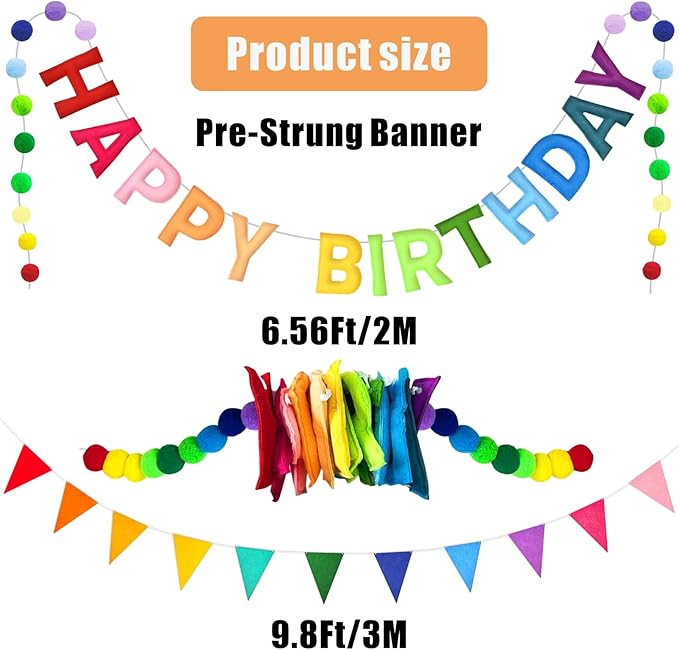 Pre-Strung 3D Happy Birthday Banner - Felt Ball Garland Happy Birthday Banner, Multicolor Rainbow Triangle Flags Reusable Party Decorations