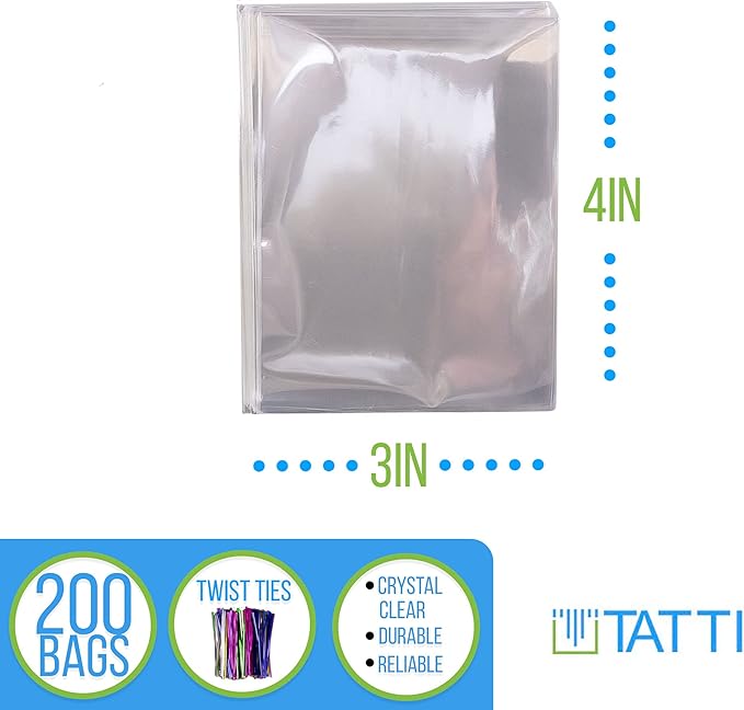 200 Pack Clear Cellophane Bags for Favors - Transparent Goodie Bags for Birthday Party, 3x4 Inch Clear Bags with 5-Inch Twist Ties - Candy, Treat, Cookie Bags for Gift Giving