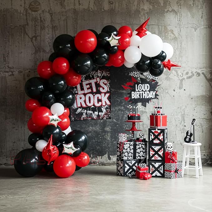 Red Black White Balloon Arch Kit with Silver Star Foils – Double Stuffed Balloons in 5” 12” 18” Sizes for Graduation, Birthday, Retirement, Racing, Casino, Poker Party Decorations