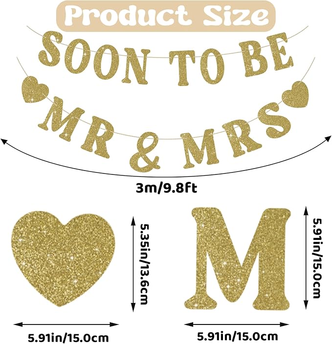 Soon To Be Mr & Mrs Sign Banner for Bridal Shower Decorations, Pre-Strung Gold Glitter Wedding Banner Decorations, Engagement Banners for Mantle Hanging Sign Couples Shower Decors