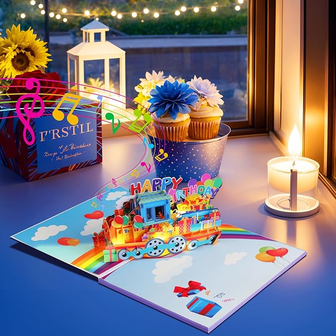 3D Train Pop Up Musical Birthday Card for Grandson, Granddaughter, Kids, Boys and Girls, Light Up Features, Plays 'Happy Birthday' Song, Fun Interactive Birthday Greeting
