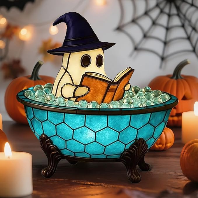 Halloween Ghost Bubble Bath Lamp, Cute Bathtub Ghost Night Lights for Halloween Decor, Reading Books Nightlight, Halloween Decorations for Indoor Readers & Book Lover Desk Home Party