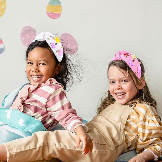 Easter Bunny Headbands for Women, Easters Outfits for Girls Rhinestone Jeweled Rabbit Ears Knotted Headband, Easter Basket Stuffers, Spring Party Favor Gift Peeps Hair Accessories (White)